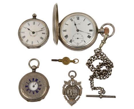 A silver full hunter keyless pocket watch and  Albert curblink watch chain, a lady's silver half hunter pocket watch etc., fi