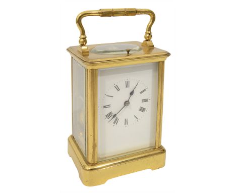 A French gilt brass repeating carriage clock by Richard &amp; Cie c.1900white enamel rectangular dial with black Roman numera