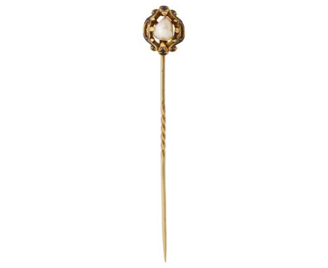 A mid Victorian pearl and enamel stick pinthe central baroque pearl (untested) to the scrolling openwork yellow gold surround