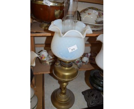 BRASS BASED OIL LAMP WITH VASELINE STYLE SHADE