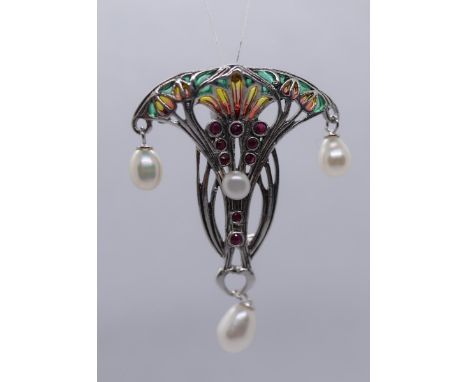 Silver enamel pearl &amp; ruby set brooch 