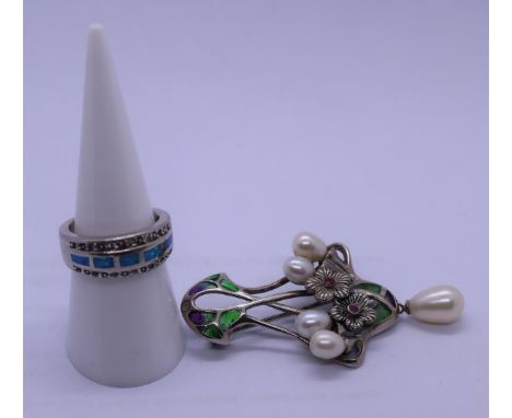 Silver enamel pearl brooch together with silver enamel ring 
