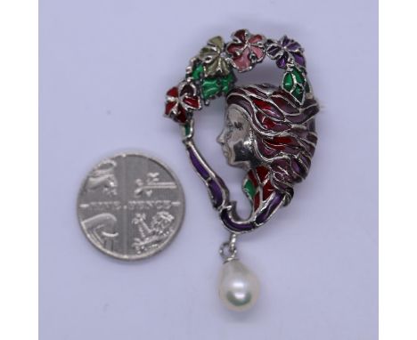 Silver and enamel pearl drop pendant 