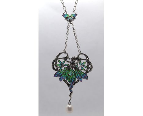 Silver and enamel pendant on chain 