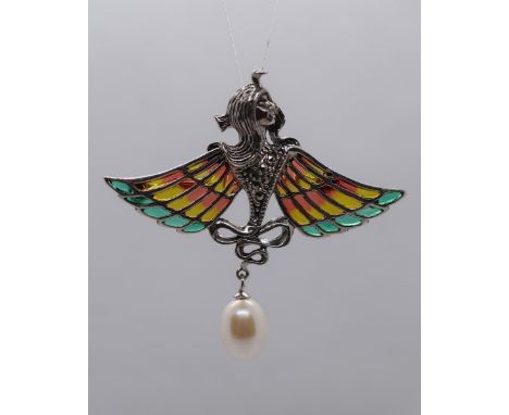 Silver and enamel pearl drop pendant 