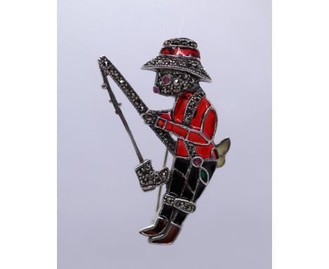 Silver enamel ruby eyed fishing rabbit brooch 