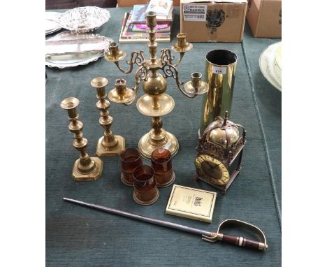 Collection of brass to include clock, candlestick etc 