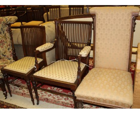 A Victorian upholstered prie a dieu chair, together with an Edwardian mahogany comb back salon elbow chair and a matching sta