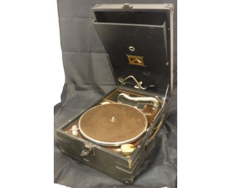 An HMV portable gramophone model 101 inscribed on the ivorine disc to the interior "Quote no 1010063031 in correspondence con