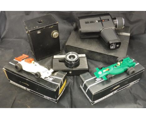 A box containing assorted cameras to include a Halina Super 8 Box Brownie camera, a Cosmic Symbol camera etc, together with v