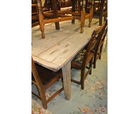 A pine plank top rectangular kitchen table with cleated end supports on square section legs, assorted 19th Century oak framed