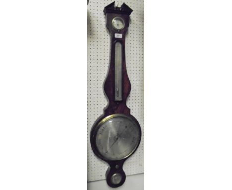 A 19th Century mahogany satinwood and rosewood strung barometer/thermometer by J Galleti of London with silvered dial and mer