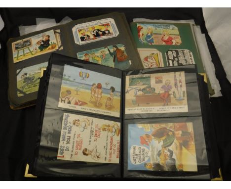 Three photo albums containing various vintage humorous seaside postcards and reproduction 1920's black and white nude photogr