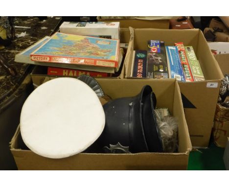 Three boxes of assorted toys to include various Victory jigsaw puzzles and a Victory ABC play tray etc, a vintage BBC TV Doct