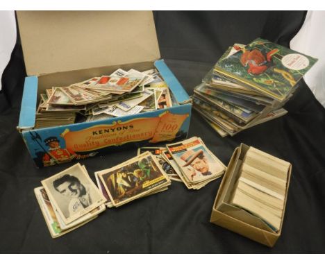 A collection of various tea and other cards to include "Popeye", A, B and C, together with a vintage brown leather satchel an