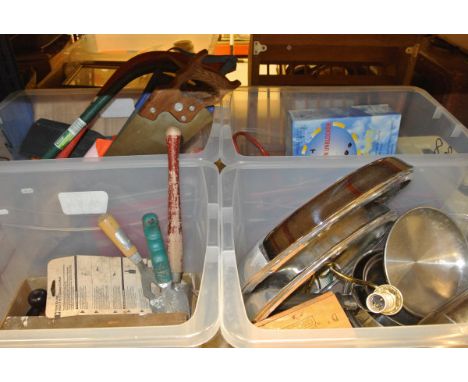 Four boxes of assorted tools and household sundry items to include saws, saucepans, tile cutter etc, together with other asso