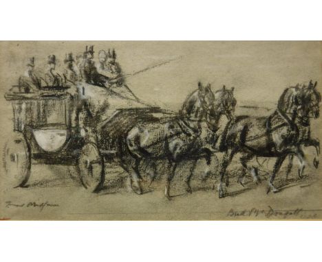 RAOUL MILLAIS "Horse drawn carriage", charcoal heightened in white, indistinctly entitled lower right with inscription verso 