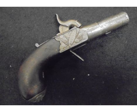 A 19th Century percussion pistol with bag shaped butt and the lock inscribed Manalu Ollerton   CONDITION REPORTS  Hammer move