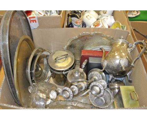 A box of assorted plated wares to include cutlery, coffee pots etc and a lidded pot inscribed "WSYC Bridgewater Troop Pte W P