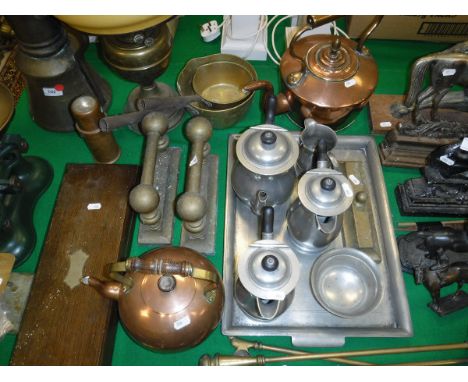 A collection of metal wares etc to include a Ceag Miners lamp type "BE.3 Barnsley" stamped to base, together with a pewter te