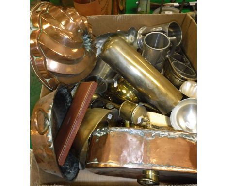 A box of assorted metal wares to include pewter tankards, a copper BUND tea tin and other various moulds, a Bols bottle cover