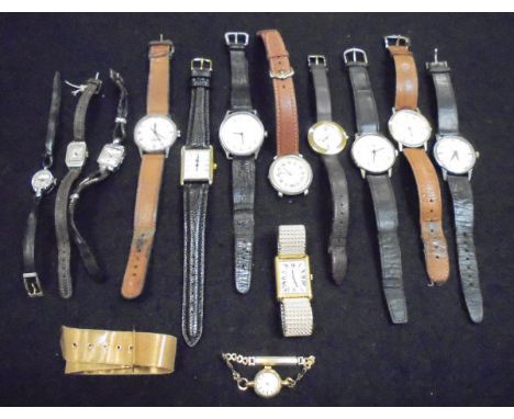 A box of assorted wrist watches to include Avia, Timex, Mavin etc. and a yellow metal woven bracelet in the form of a belt