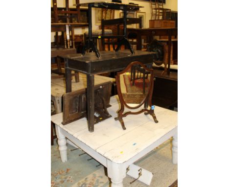 A 19th Century oak rectangular side table on square section tapering legs, a white painted plank top square coffee table on t