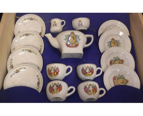 A Royal Cauldron Corona commemorative dolls tea set for the Coronation of Queen Elizabeth II 1953 comprising four cups and sa