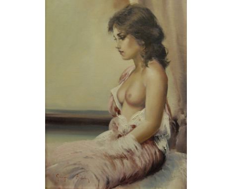 GIORGIO ROCCA (ACTISSY) "Scantily clad model, seated", oil on canvas, signed lower left, bears old label verso