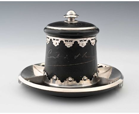 Grand Steeple-Chase de Paris, a Victorian silver and leather mounted tobacco jar with match strikers, London 1875, Henry Will