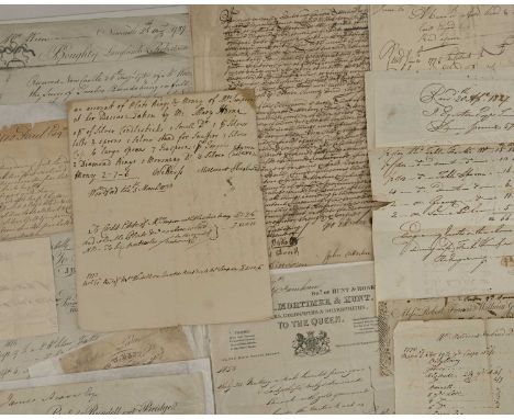 An archive of documents relating to goldsmiths and jewellers, including invoices from Rundell and Bridge, dated 24th July 179