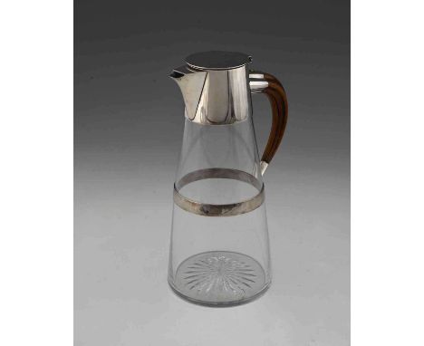 Hukin and Heath, a silver-plated and glass claret jug, with a wooden simulated tusk form handle, pattern number 4232, circa 1