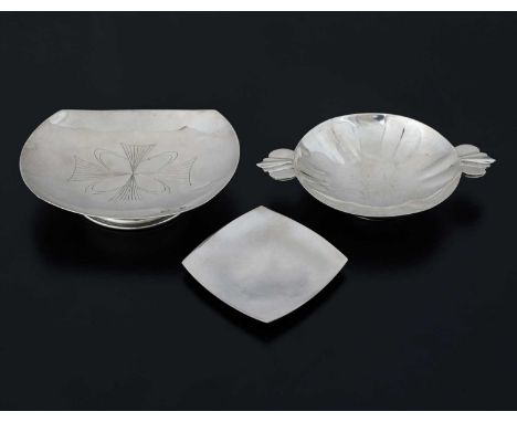 A modernist silver dish or coaster, by Vincent Ashworth, London 1966, length 7.6cm, together with a two-handled dish, Edward 