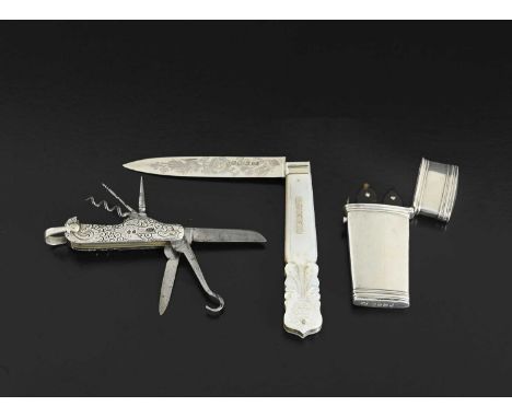 A Victorian silver-mounted chatelaine compendium with multiple devices - a gimlet, corkscrew, button hook, quill cutting knif