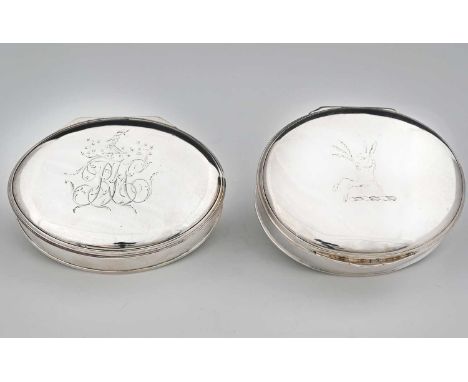 Two 18th-century silver tobacco boxes, both oval and with hinged lids, the earlier example, maker's mark only, Francis Harach