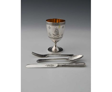 A Victorian silver goblet, and knife, fork, and spoon, London 1865, by Hunt and Roskell, the flatware by Francis Higgins, the