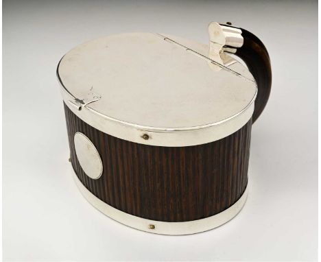 Hukin and Heath, an electroplated and bark wood biscuit box, with faux boar's tusk handle, pattern number 3297, registered de