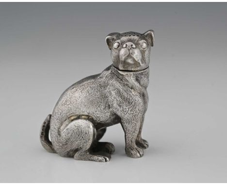 A Victorian cast novelty zoomorphic pepperette, modelled in the form of a seated bulldog, the exterior textured to simulate f