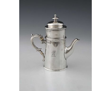 A Victorian silver coffee percolator, the tapered cylindrical body engraved with an armorial crest of a griffin rampant, with