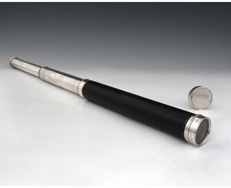 A William IV hallmarked silver four-section, three-draw, telescope, maker Edward Wrench, 6 Grays Inn Terrace, London, the lea