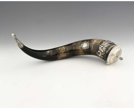 Royal Eisteddfod, Denbigh, a George IV 'Hirlas' or drinking horn with silver mounts and hinged silver cover, London 1828, Eme