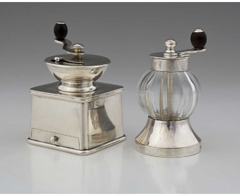 Hukin and Heath, two electroplated pepper grinders, one novelty example modelled in the form of a coffee grinder, pattern num