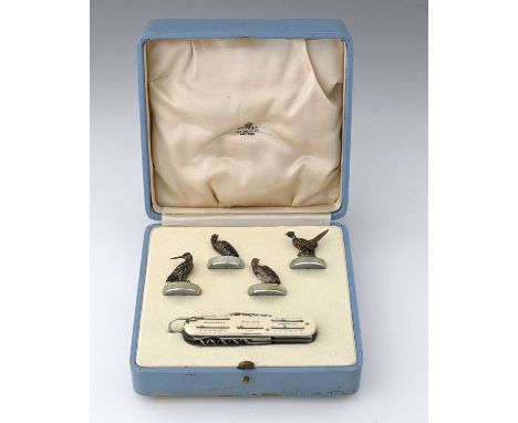 Asprey, a cased sporting set, comprising four cold-painted bronze menu or place card holders depicting game birds, each atop 