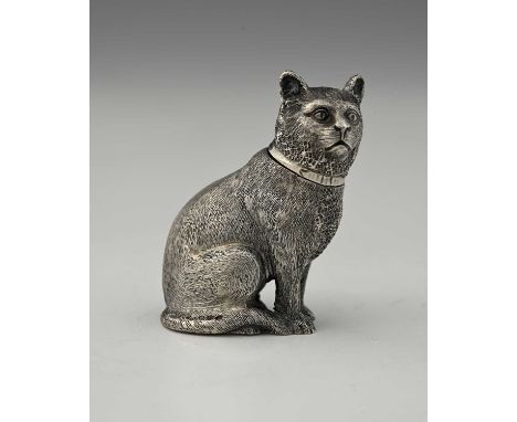 A Victorian cast silver novelty zoomorphic pepperette, modelled in the form of a seated cat, the exterior realistically decor