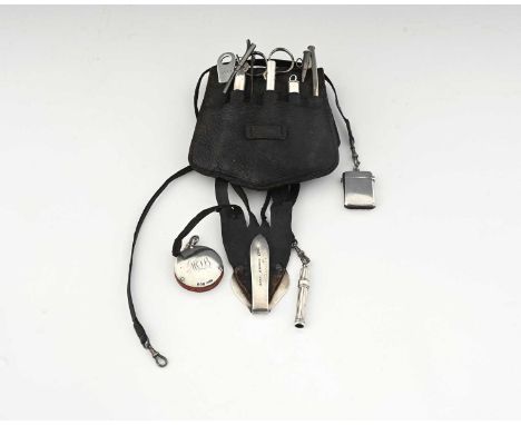 A leather nurse's wallet, ensuite with fittings to include, a thermometer with silver case, an hourglass with silver mount, a