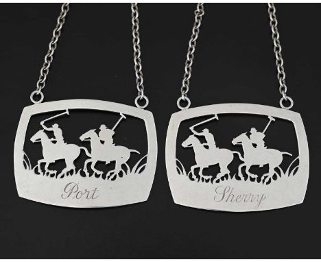  Garrard & Co. Ltd., a pair of novelty silver wine labels, pierced with a polo scene, and engraved for Sherry and Port, Birmi