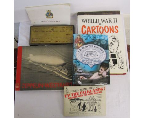 Collection of books to include Zeppelin etc HMS Sphinx cribbage board