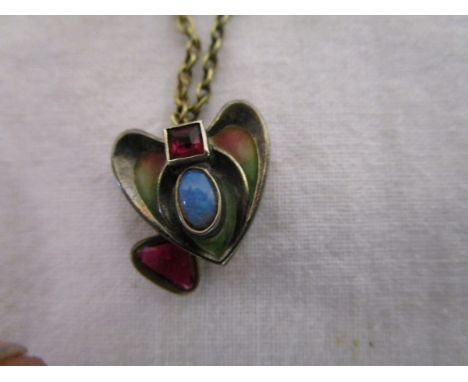 Art Nouveau opal, champlevé &amp; stone set pendant on chain