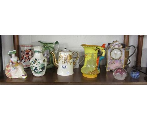 Shelf of ceramics to include 'Pied piper' jug by Burleigh ware