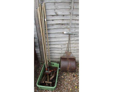 Collection of garden tools to include garden roller